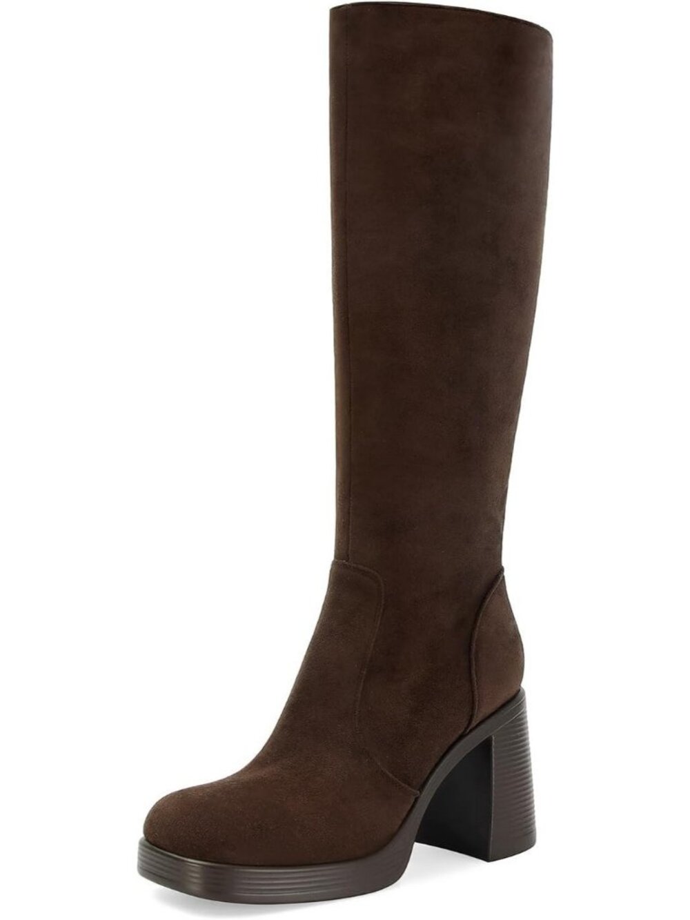 Womens Brown Suede Leather Platform Side Zip Square Toe Chunky Block Heeled Boot